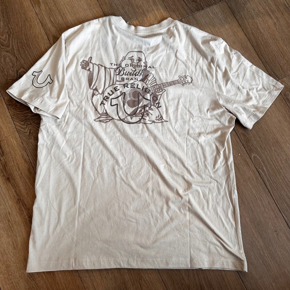 True Religion Mens Buddha Graphic T-Shirt Tan Beige Large NEW